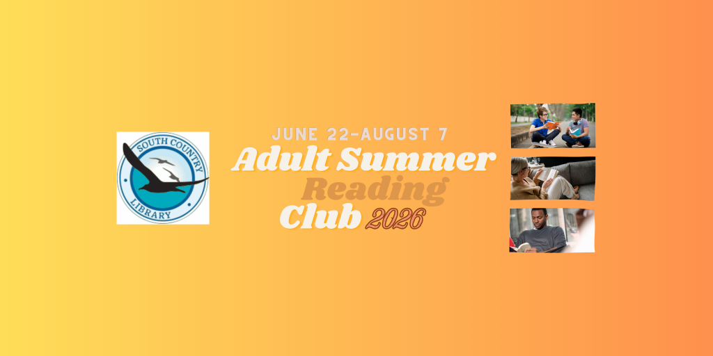 Adult Summer Reading Club graphic with the dates June 22 to August 7. Library logo and images of people reading.